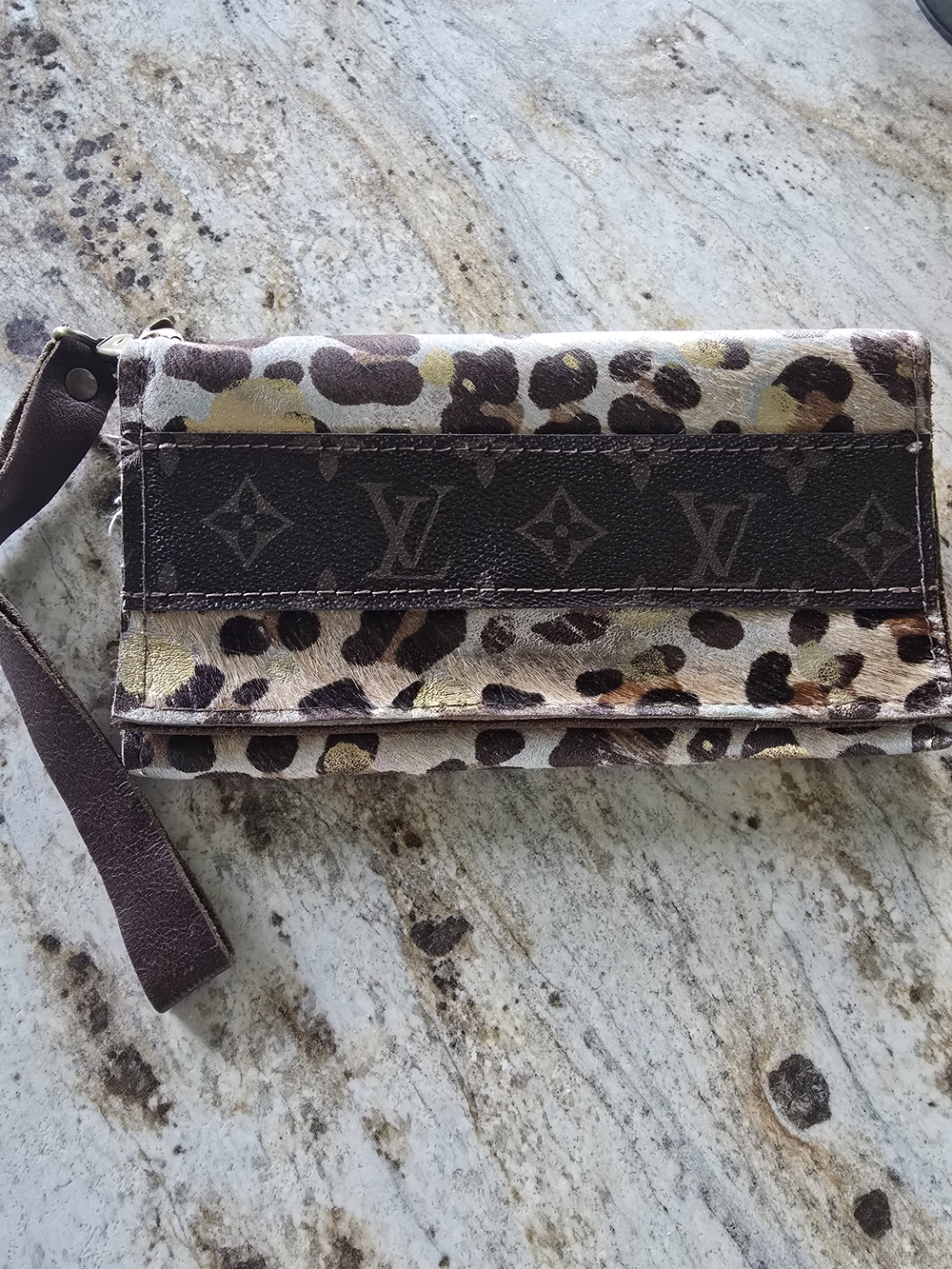 Louis Vuitton Leopard Print Clutch Wristlet in Brown & Gold